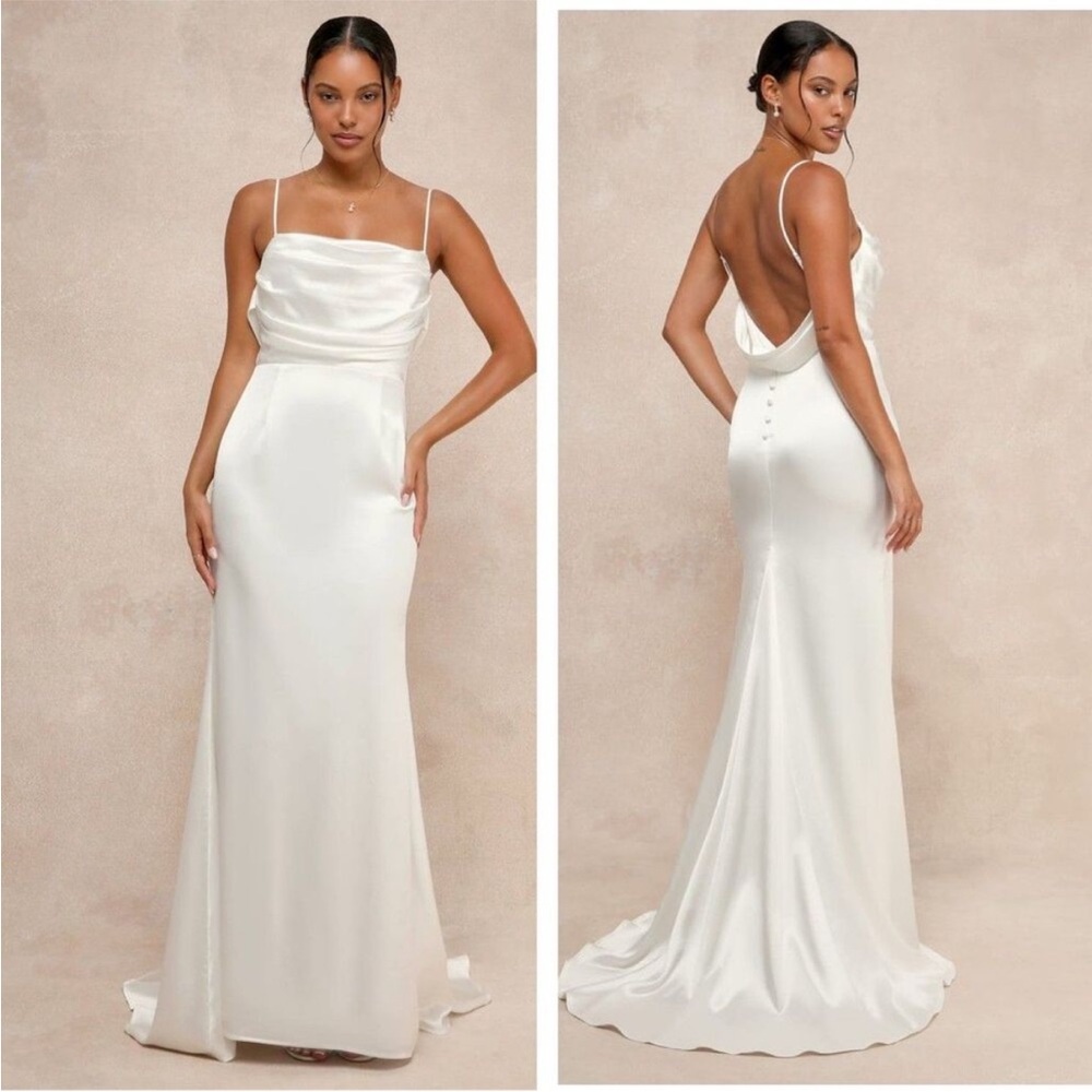 Lulu's Satin Ivory Cowl-Back Wedding Dress